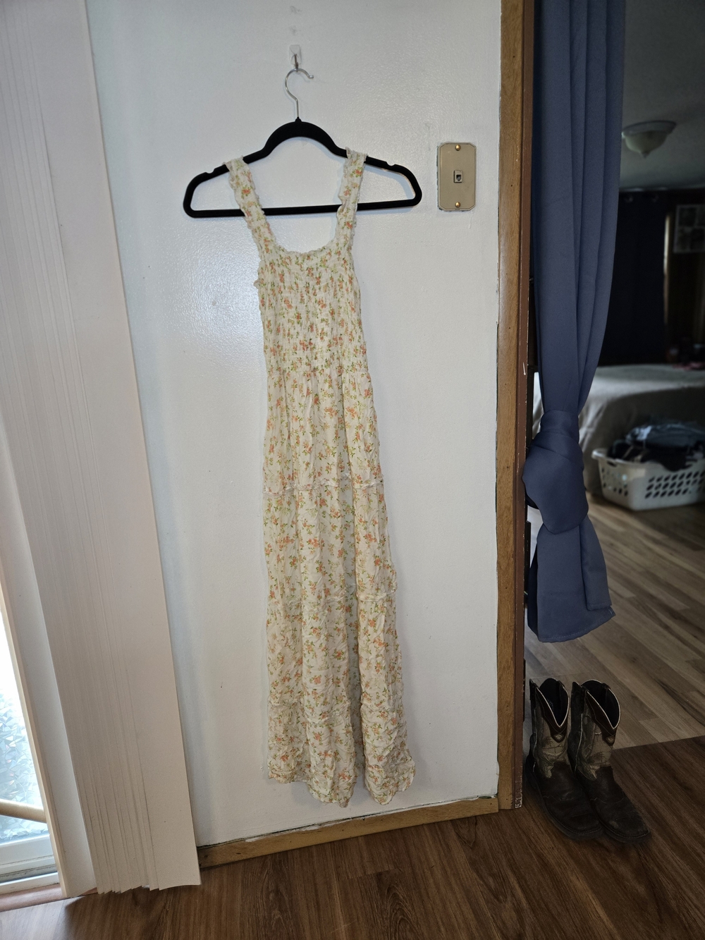 J for Justify Cream Floral Smocked Maxi Dress with Peach Accents